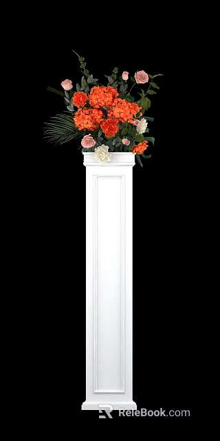 Floral Display on White Pillar with Pink White Orange Flowers and Green Leaves 3d model 