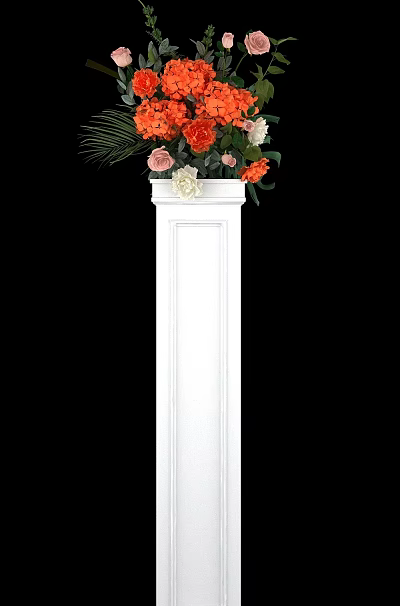 Floral Display on White Pillar with Pink White Orange Flowers and Green Leaves 3d model