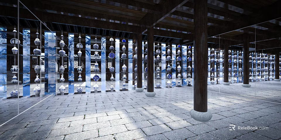 Interior Space With Wooden Columns Transparent Containers And Stone Brick Floor Under Filtered Light 3d model 