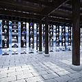 Interior Space With Wooden Columns Transparent Containers And Stone Brick Floor Under Filtered Light