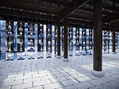 Interior Space With Wooden Columns Transparent Containers And Stone Brick Floor Under Filtered Light 3d model