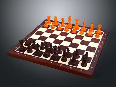 Wooden Chess Set With Black And White Checkerboard And Colorful Pieces 3d model