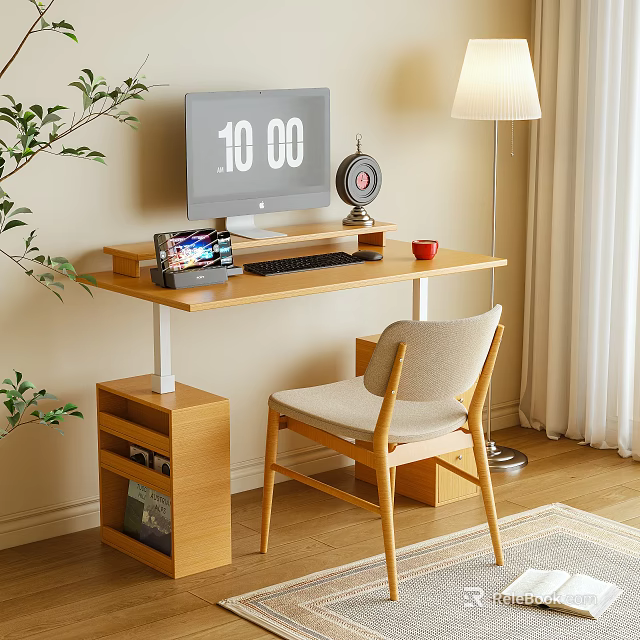 Wooden Desk Setup With Computer Monitor Tablet Keyboard Red Cup Round Clock And Light Chair 3d model 
