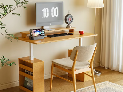 Wooden Desk Setup With Computer Monitor Tablet Keyboard Red Cup Round Clock And Light Chair 3d model
