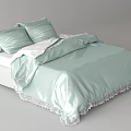 Elegant Double Bed With Light Green Silky Bedding And Lace Trim Pillows