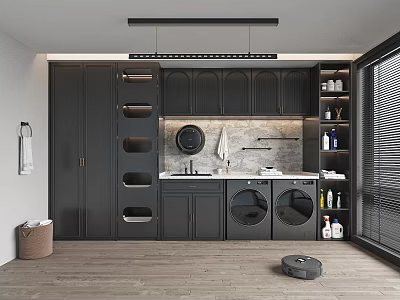 Modern Functional Home Balcony with Dark Cabinetry Washing Machine Dryer Sink Shelves and Robot Vacuum 3d model