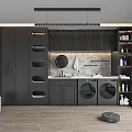 Modern Functional Home Balcony with Dark Cabinetry Washing Machine Dryer Sink Shelves and Robot Vacuum