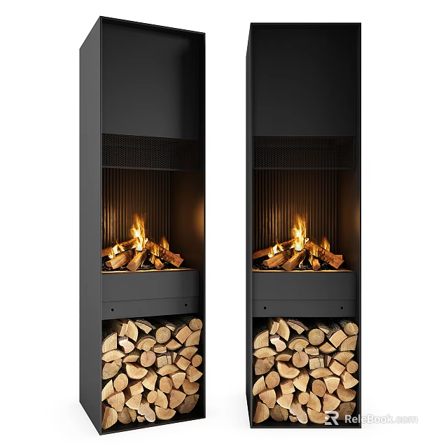 Black Vertical Fireplace Design With Burning Flames And Stacked Wood Logs 3d model 