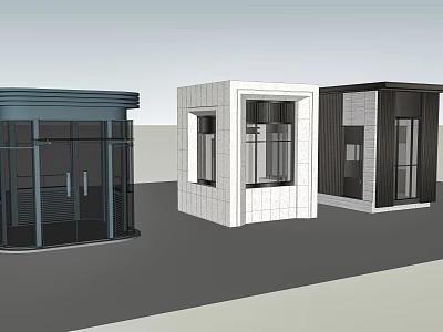 Three Different Small Building Kiosk Designs Featuring Glass Doors And Windows 3d model