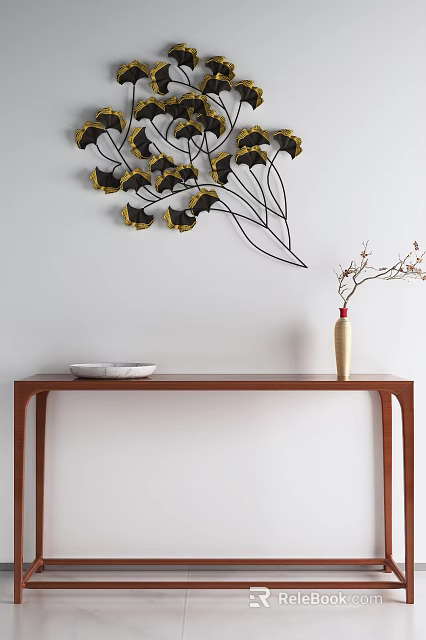 Wooden Console Table With White Bowl Gold Vase Black Branch Wall Decor And Yellow Leaves 3d model 