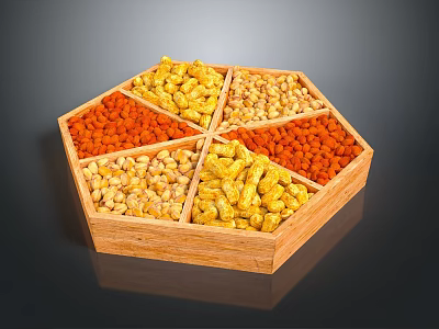 Various Colored Beans And Nuts In Wooden Octagonal Compartmentalized Snack Container 3d model