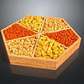 Various Colored Beans And Nuts In Wooden Octagonal Compartmentalized Snack Container