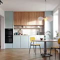 Kitchen Interior with Wooden Cabinets Light Blue Accents Yellow Chairs Round Table and Pendant Lights