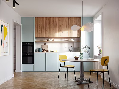 Kitchen Interior with Wooden Cabinets Light Blue Accents Yellow Chairs Round Table and Pendant Lights 3d model