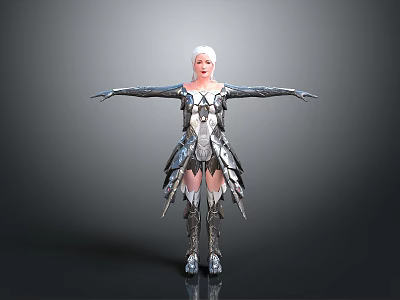 Fantasy Female Character With White Hair And Silver Winged Armor Arms Outstretched 3d model