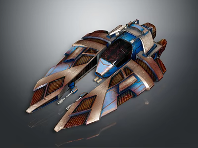 Futuristic Metallic Spaceship With Blue Bronze Wings And Detailed Design 3d model