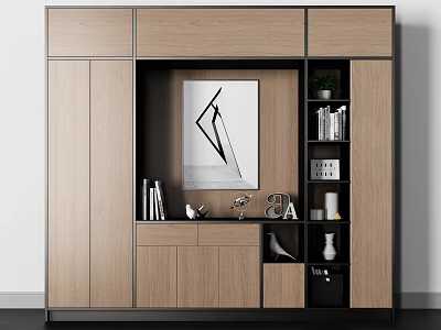 Modern Wooden Bookcase With Open Shelves Closed Cabinets Books And Decorative Items 3d model
