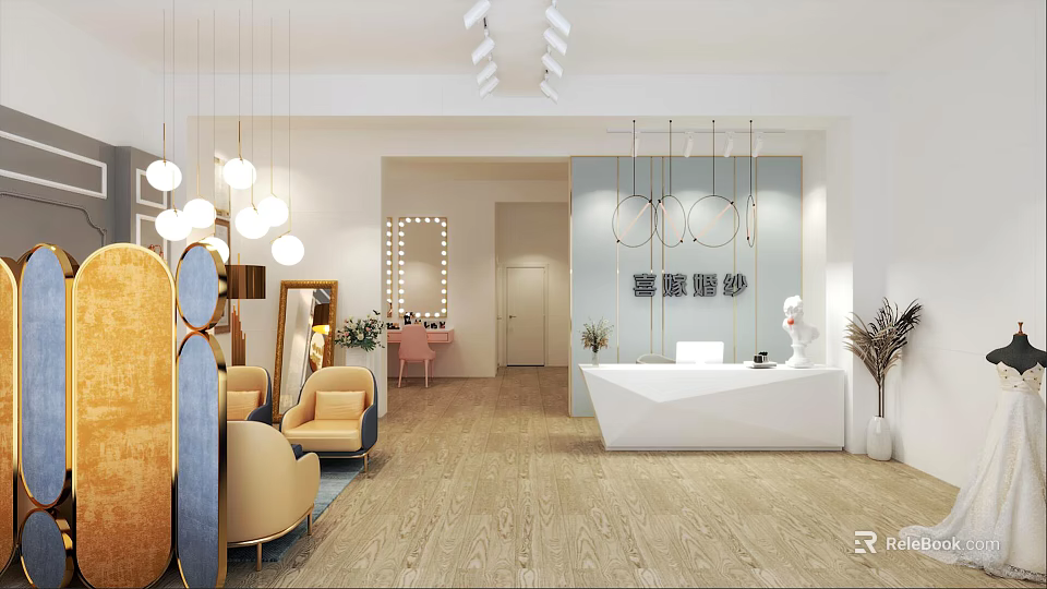 Elegant Bridal Shop Interior With Chandeliers Vanity Mirror Armchairs And Reception Desk 3d model 