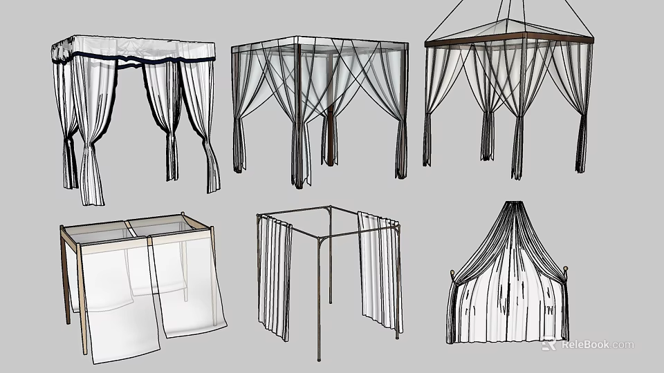 Multiple Outdoor Pergola Designs Featuring Curtain Details And Decorative Structures 3d model
