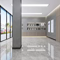 Modern Showroom Interior Featuring Marble Floor Display Table With Stools Wall Decor And Large Windows