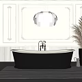 Elegant Black Bathtub With Faucet White Paneled Striped Walls Pendant Light And Potted Plant