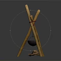 Garden Decorative Piece With Crossed Wooden Sticks Tied Red Rope Hanging Iron Cauldron And Firewood