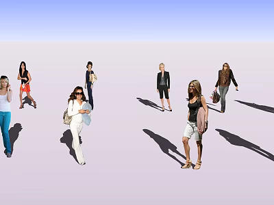 People in Various Casual Outfits Walking with Long Shadows Under Clear Sky 3d model