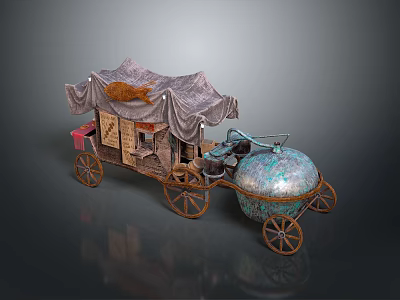 Ancient Mobile Vendor Cart With Tent Covering Wooden Wheels And Copper Spherical Design 3d model