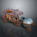 Ancient Mobile Vendor Cart With Tent Covering Wooden Wheels And Copper Spherical Design