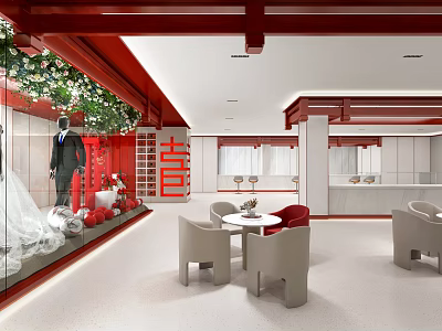 Bridal Shop Interior with Wedding Dress Displays Red Decor and Comfortable Customer Seating 3d model