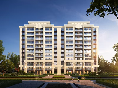 Modern High Rise Residential Building With Greenery And Clear Sky 3d model
