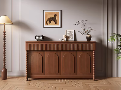 Modern Wooden Sideboard with Decorative Items on Top Against Gray Wall and Wooden Floor 3d model