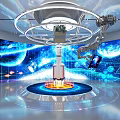 Futuristic Space Technology Scene With Rocket Robotic Arm Blue Earth And Glowing Platform