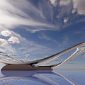 Modern Streamlined Sculpture With Curved Metallic Design Against Blue Sky And Water Reflection