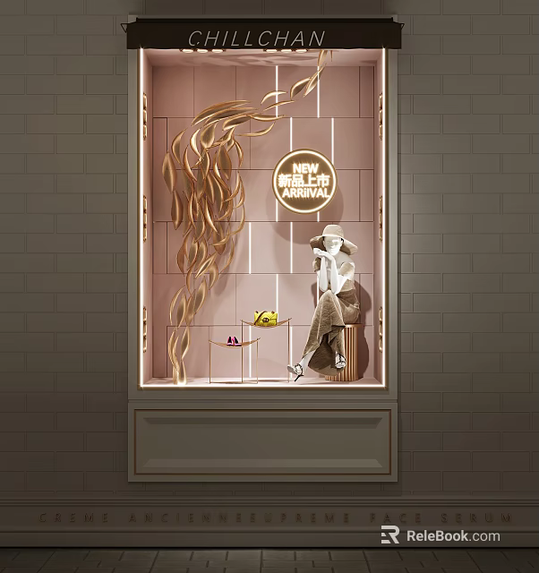 Elegant Shop Window Display Featuring Golden Wavy Decorations Hat Wearing Mannequin And New Products Sign 3d model 