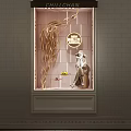 Elegant Shop Window Display Featuring Golden Wavy Decorations Hat Wearing Mannequin And New Products Sign