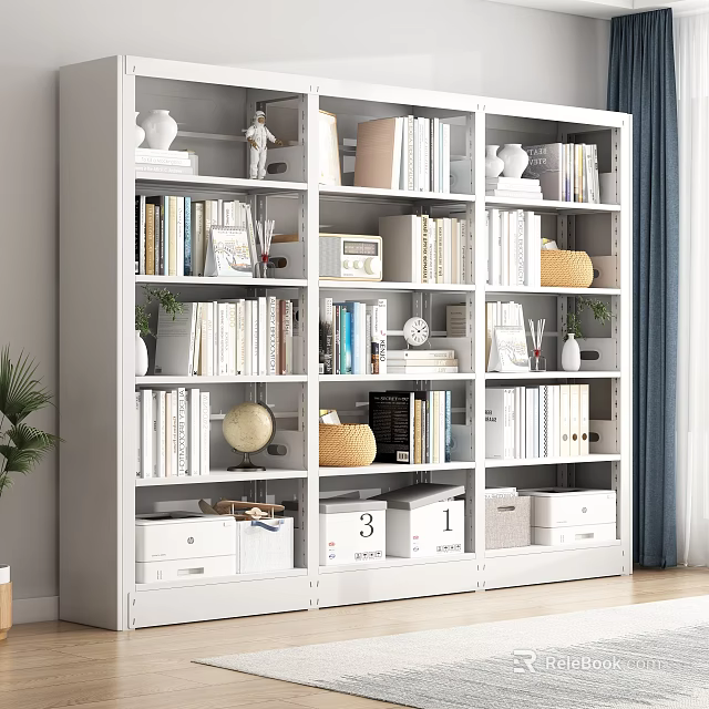 White Modern Bookcase With Books Decorative Items Storage Baskets Drawers And Numbered Boxes 3d model 