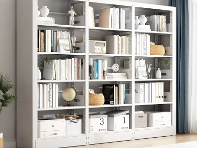 White Modern Bookcase With Books Decorative Items Storage Baskets Drawers And Numbered Boxes 3d model
