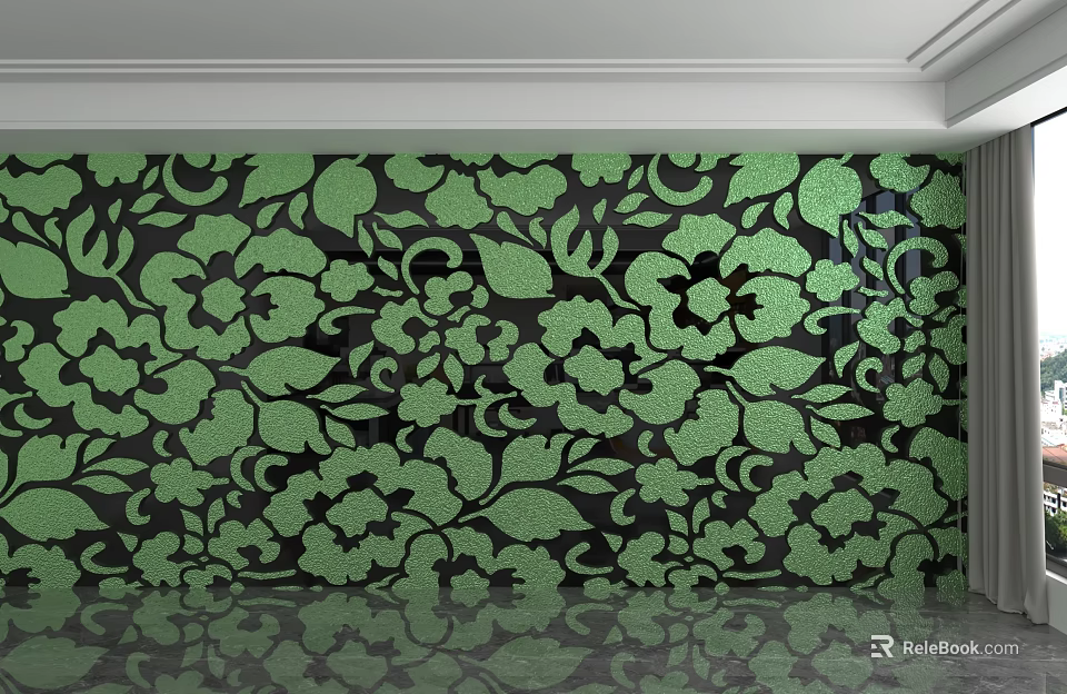 Intricate Green Floral Patterned Wall With Glossy Surface And Decorative Design 3d model 
