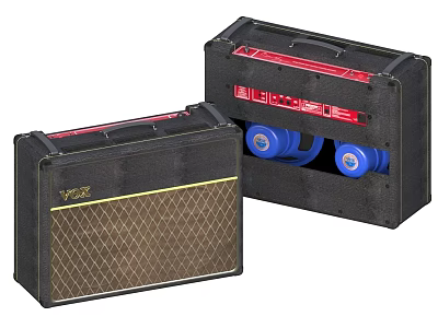 VOX Black Speakers Featuring Gold Trim Grille Pattern Open Case And Blue Internal Components 3d model