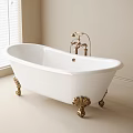 Elegant Freestanding White Bathtub With Gold Feet And Faucet In Minimalist Bathroom