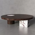 Round Wooden Coffee Table With White Marble Inlay And Modern Base Structure 3d model