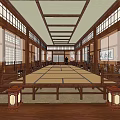 Traditional Cultural Center Interior With Wooden Structure Glass Windows And Long Tatami Area