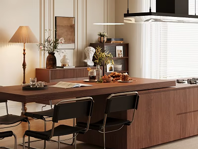 Stylish Dining Table With Black Chairs Plates Pastries Flower Vase Wooden Cabinet And Lamp 3d model