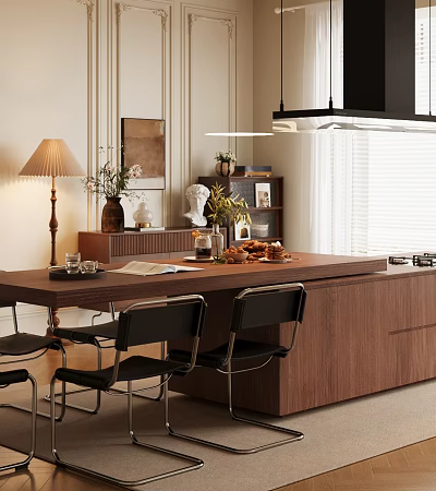 Stylish Dining Table With Black Chairs Plates Pastries Flower Vase Wooden Cabinet And Lamp 3d model