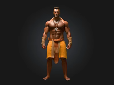 Muscular Man With Well Defined Abs Standing In Traditional Yellow Loincloth And Arm Bands 3d model
