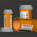 Orange Prescription Bottles With White Caps And Labels Standing Overturned On Dark Surface