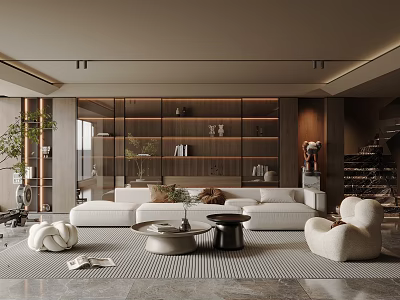 Modern Living Room Interior Design With White Sofa Coffee Tables Rug Shelving And Green Plant 3d model