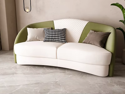 Modern Curved Two Seater Sofa With White Green Upholstery Gray Beige Checkered Pillows Living Room 3d model