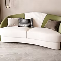 Modern Curved Two Seater Sofa With White Green Upholstery Gray Beige Checkered Pillows Living Room